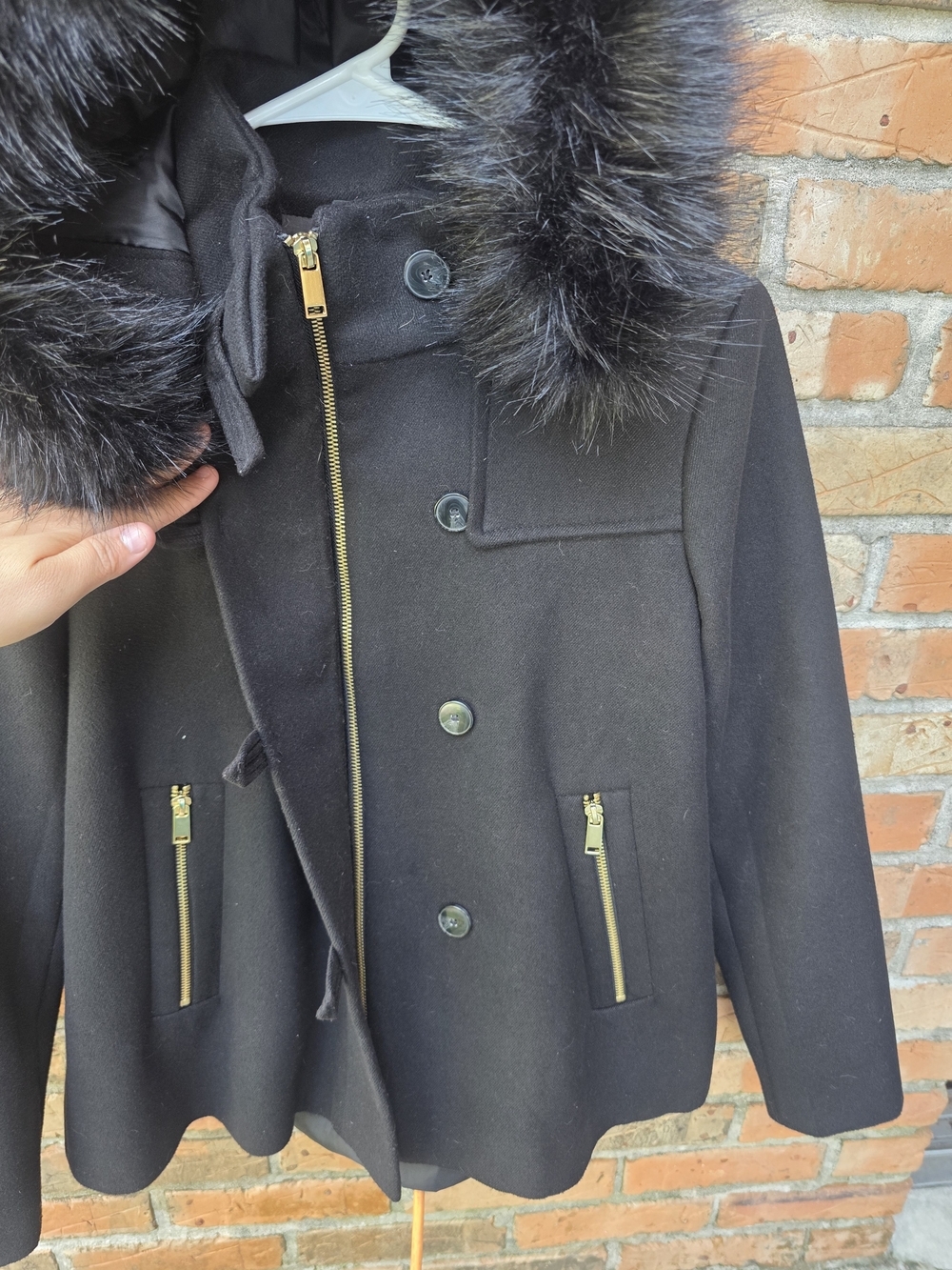 Zara Black Faux Fur-Trim Toggle Pea Coat - Picture 15 of 16